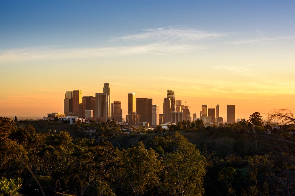 Downtown Los Angeles skyline at sunset