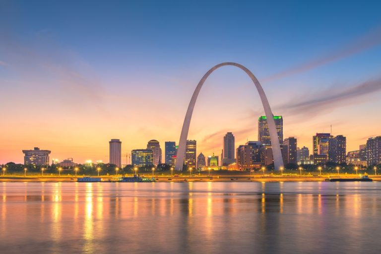 St. Louis Arch From The Mississippi River At Dusk