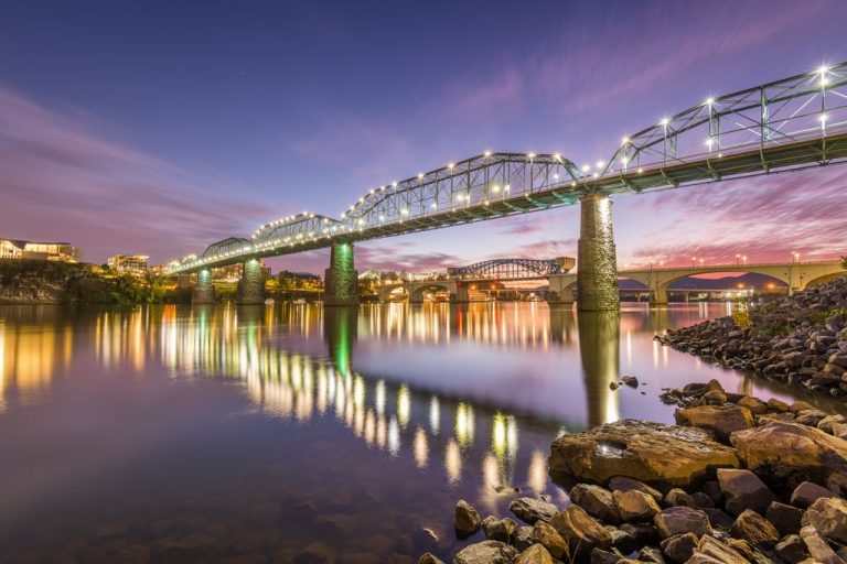 Chattanooga, Tennessee Skyline, River And Bridge At Dusk