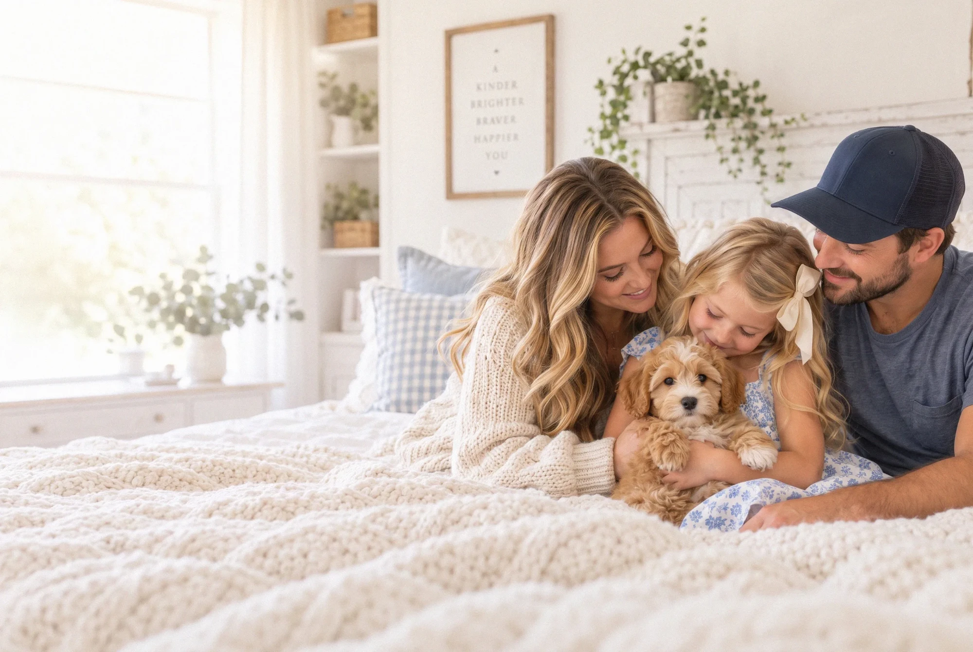 A mom, dad and young daughter cuddling a cream goldendoodle puppy on a bed
